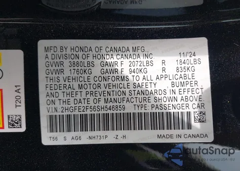 2025 Honda Civic Sport из США, поврежденный, VIN 2HGFE2F56SH546859